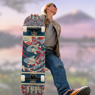 Koi Fish with Red Blue Crazy Pattern Monogram スケートボード