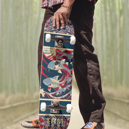 Koi Fish with Red Blue Crazy Pattern Monogram スケートボード