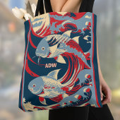 Koi Fish with Red Blue Great Wave Monogram トートバッグ