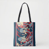 Koi Fish with Red Blue Great Wave Monogram トートバッグ (正面)