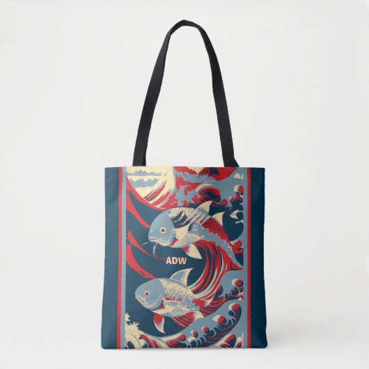Koi Fish with Red Blue Great Wave Monogram トートバッグ (正面)