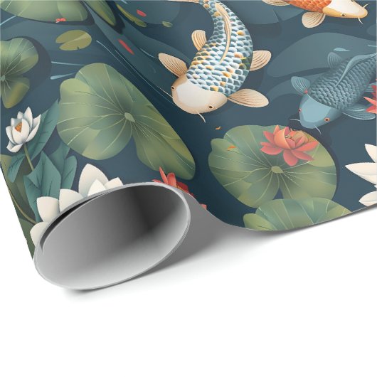 Koi Pond and Lotus Flowers Pattern, Elegant Nature ラッピングペーパー (ロールコーナー)