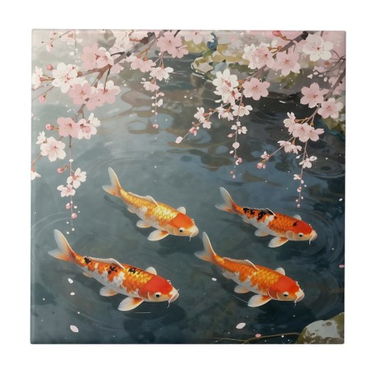 Koi Pond Cherry Blossom Serenity タイル (正面)