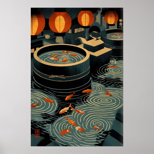 Koi Wall Art Print Circular Pools and Lanterns ポスター (正面)