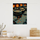 Koi Wall Art Print Circular Pools and Lanterns ポスター (キッチン)