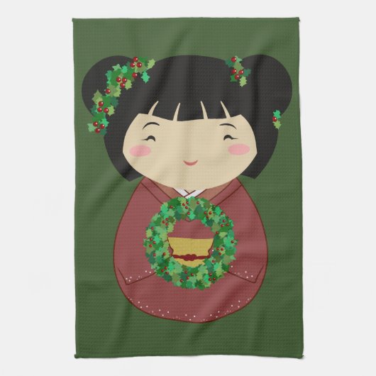 Kokeshiのクリスマスのリース キッチンタオル (縦)