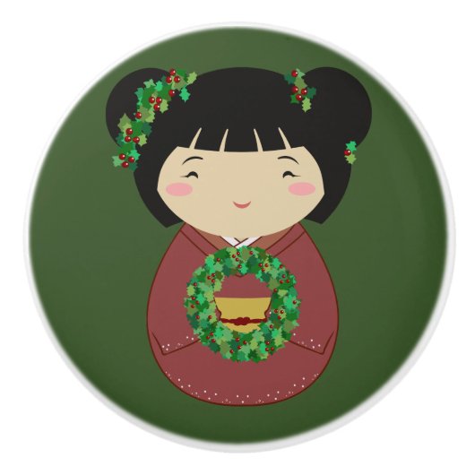 Kokeshiのクリスマスのリース セラミックノブ (正面)