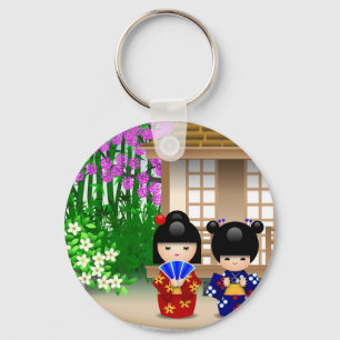 Kokeshiの人形および喫茶店 キーホルダー