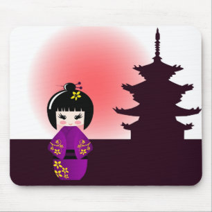Kokeshiの人形および日本の寺院 マウスパッド