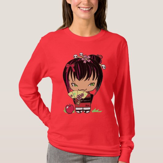 Kokeshiの人形のMiaoのりんごの赤のワイシャツ Tシャツ (正面)