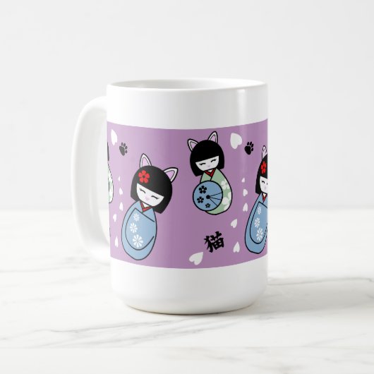 Kokeshiの子猫の陶磁器のマグ コーヒーマグカップ (正面左)