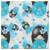 Kokeshiの日本のな人形および水彩画の生地 ファブリック (クローズアップ)