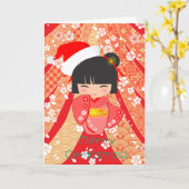 Kokeshi Doll Christmas Card カード (黄色い花)