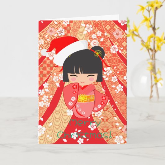 Kokeshi Doll Christmas Card カード (黄色い花)
