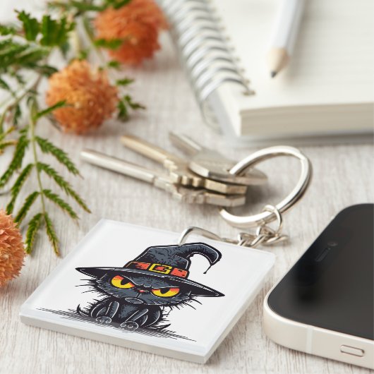 Kooky Halloweenアイコン：黒猫のキャラはっきりしたチャ キーホルダー (正面右)