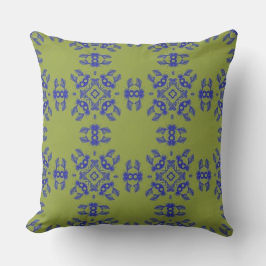 Korean Floral Harmony Pattern – Blue on Olive Gree クッション (正面)