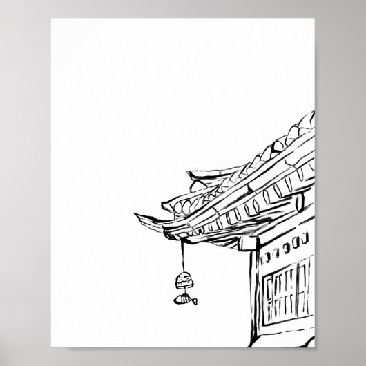 Korean Hanok Roof with Wind Chime Ink Poster ポスター (正面)