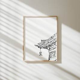 Korean Hanok Roof with Wind Chime Ink Poster ポスター