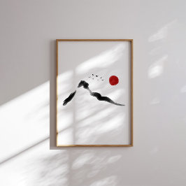 Korean Ink Mountain Landscape with Red Sun Poster ポスター