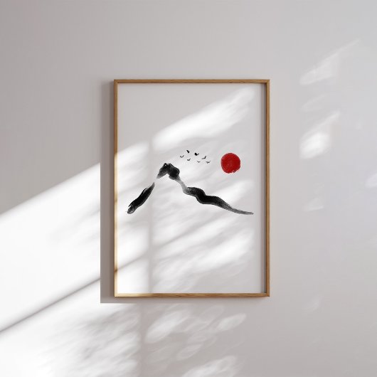 Korean Ink Mountain Landscape with Red Sun Poster ポスター