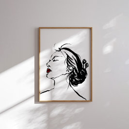 Korean Woman Profile Ink Art with Red Lips Poster ポスター