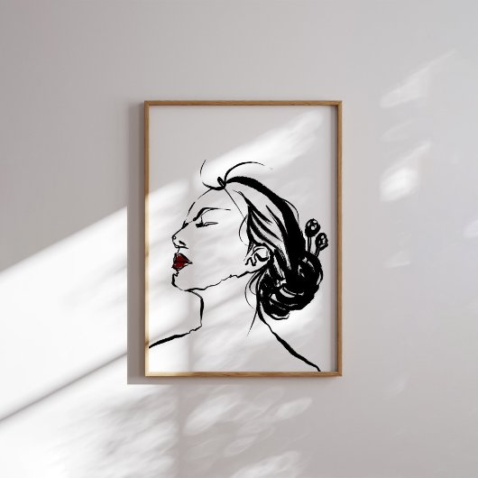 Korean Woman Profile Ink Art with Red Lips Poster ポスター