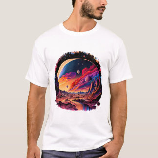 Kosmische Landschaft mit Planeten und Bergen Tシャツ