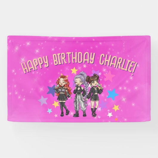 KPOP 誕生日カラオケ ピンクの星 横断幕 (横)