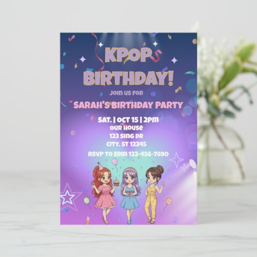 KPOP 誕生日、裏を色付けして! 招待状 (スタンド正面)