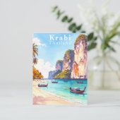 Krabi Thailand Vintage Cliffs and Longtail Boats ポストカード (スタンド正面)