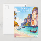 Krabi Thailand Vintage Cliffs and Longtail Boats ポストカード (正面/裏面)