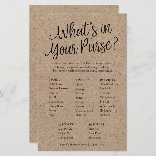 Kraftあなたの財布の赤ちゃんシャワーゲームカードに何がある (正面/裏面)