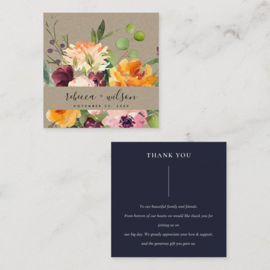 KRAFTイエローオレンジフローラバンチ結婚ーありがとう スクエア名刺 (正面/裏面)