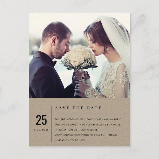 KRAFTモダンタイポグラフィ写真SAVE THE DATE 案内ポストカード (正面)