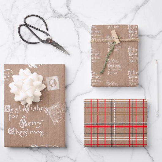 Kraftヴィンテージはがき、メッセージ、プレイド  ラッピングペーパーシート (正面)