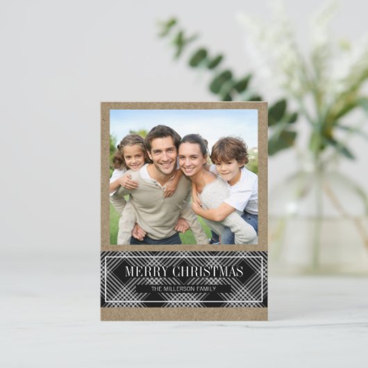 Kraft上のバッファローのプレイドMerryクリスマスフォト ポストカード (スタンド正面)