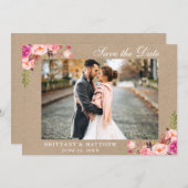 Kraft日付を保存ピンクのフローラフォトカード サンキューカード (正面/裏面)