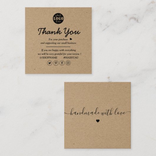 Kraft紙カスタムロゴありがとうご協力 スクエア名刺 (正面/裏面)