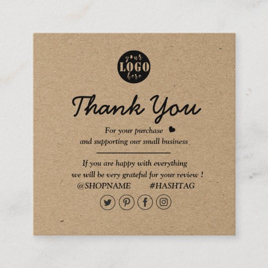 Kraft紙カスタムロゴありがとうご協力 スクエア名刺 (正面)