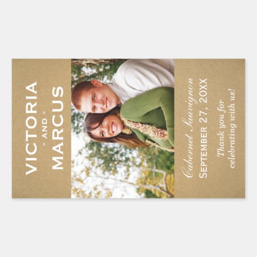 Kraft素朴の結婚モノグラム写真ワインのお勧め 長方形シール (正面)