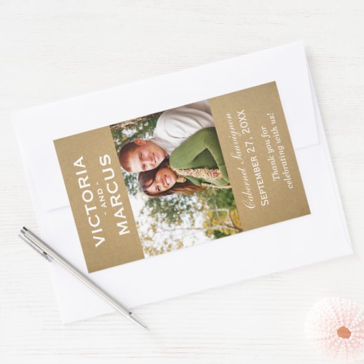 Kraft素朴の結婚モノグラム写真ワインのお勧め 長方形シール (封筒)