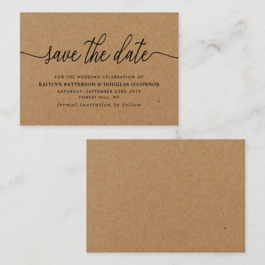 Kraft素朴シンプルスクリプト日付の保存 エンクロージャーカード (正面/裏面)