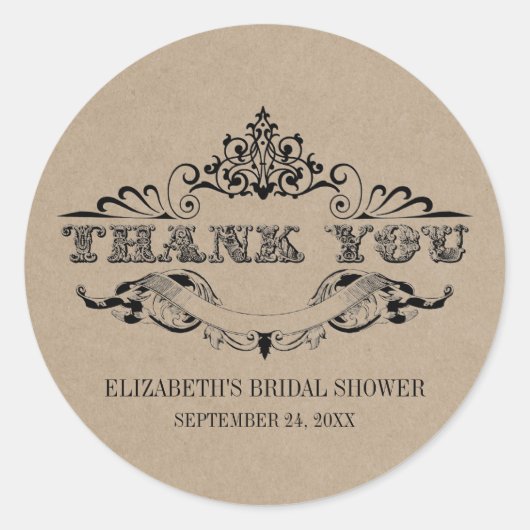 Kraft素朴ヴィンテージフレームブライダルシャワーありがとう ラウンドシール (正面)