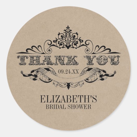 Kraft素朴ヴィンテージフレームブライダルシャワーありがとう ラウンドシール (正面)
