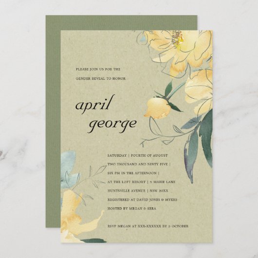 KRAFT黄緑フローラ性発現招待状 サンキューカード (正面/裏面)