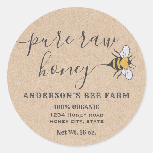 Kraft Beeロゴスクリプト純粋な生の蜂蜜の瓶ラベル ラウンドシール (正面)