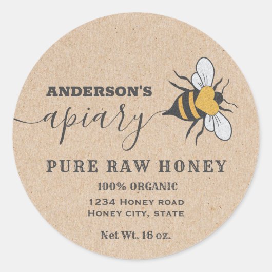 Kraft Beeロゴスクリプトapiary honey jarラベル ラウンドシール (正面)