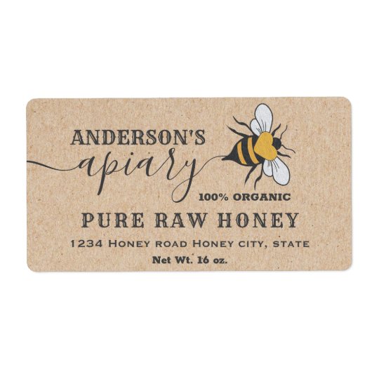 Kraft Beeロゴスクリプトapiary honey jarラベル ラベル (正面)