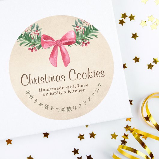 Kraft Christmas Cookie Box Label Red Bow Ribbon ラウンドシール