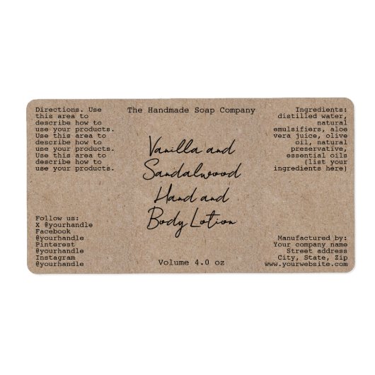 Kraft Handwritten Look Cosmetics Bottle Label ラベル (正面)